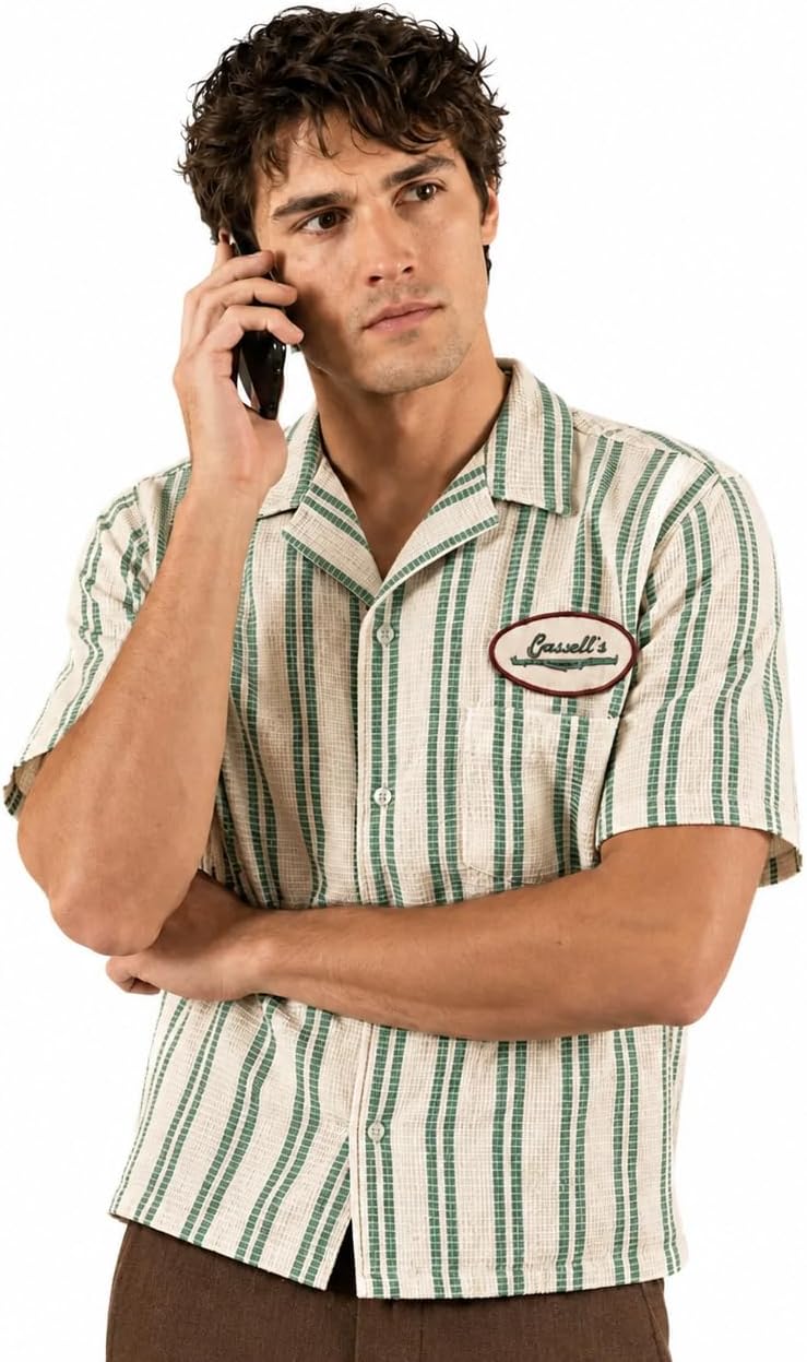 Green and white striped camp shirt with embroidered chest patch