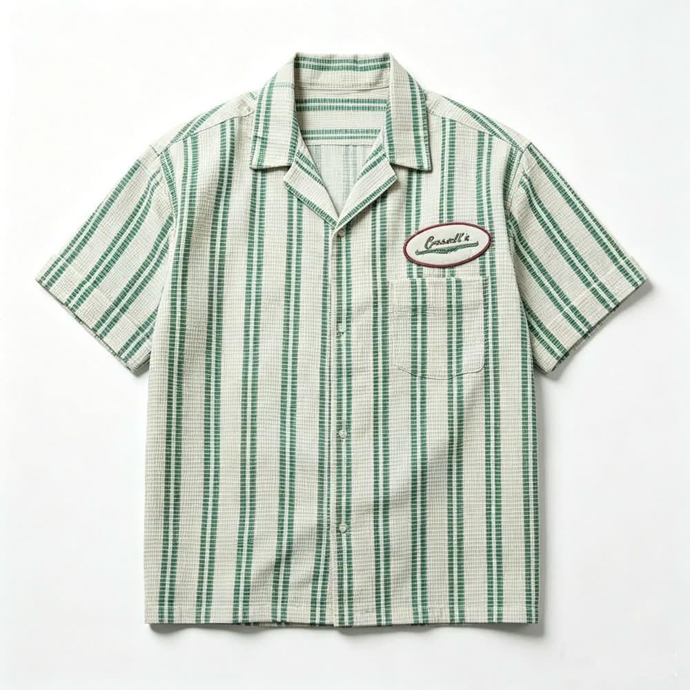 Green and white striped camp shirt with embroidered chest patch