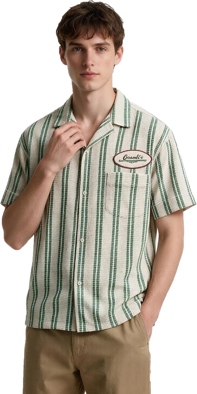 Green and white striped camp shirt with embroidered chest patch