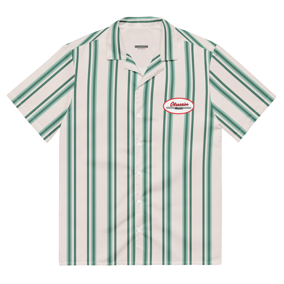 Green and white striped camp shirt with embroidered chest patch