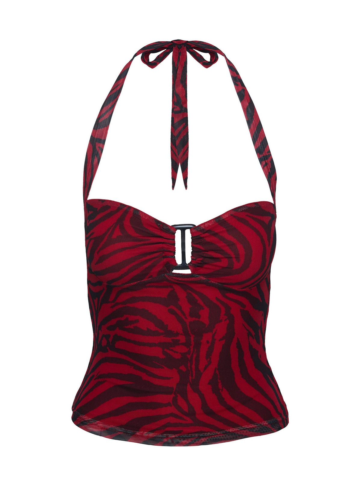 Red and black zebra print mesh halter top with buckle front