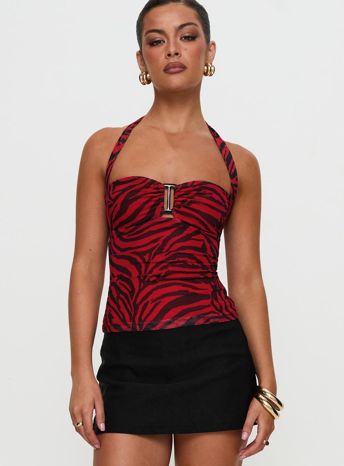 Red and black zebra print mesh halter top with buckle front